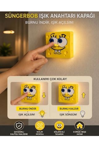 Sünger Bob Işık Anahtarı Kapağı Burnu Hareketli Işık Açma Kapama Aparatı Dekoratif Çocuk Odası Süngerbob 001