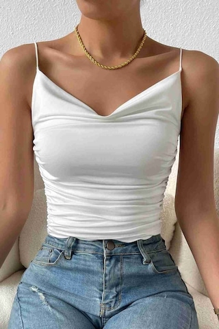 Merrry See Merry See Kadın Kolsuz Askılı Degaje Yaka Bluz Crop Beyaz 001