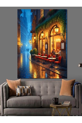 Ahşap Tablo Yağmurlu Sokak Kafe Işıkları