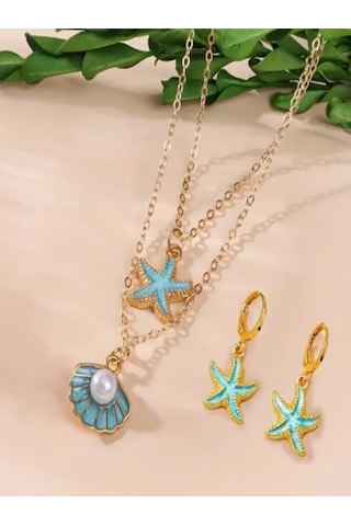 Yıldız Kabuğu Kolye Ve Küpe Set Mavi