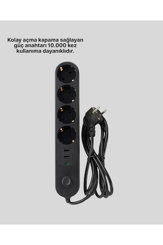 Led Anahtarlı Akım Korumalı Çoklu Priz 4 Priz 3 Usb Girişli 0 - 2 M
