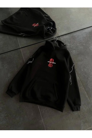 Modi Üç İplik Kapşonlu Baskılı Oversize Sweatshirt- Siyah 1siyah