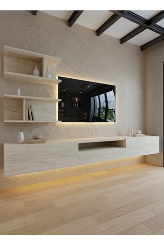 Resital Ledli Duvara Monte Tv Sehpası - Traverten - W6015-8 Traverten