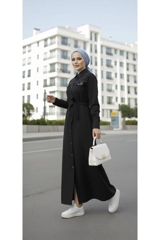 Hb Harma Time Butik Kadın Boncuk İşlemeli Düğmeli Kuşaklı Siyah Kot Elbise