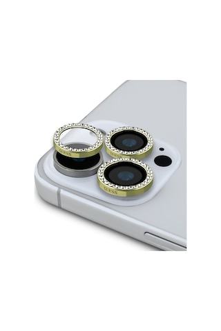 Apple Uyumlu iPhone 16 Pro Guess Lisanslı Rhinestone Taşlı Kamera Lens Koruyucu Gold