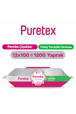 Puretex Yüzey Temizlik Havlusu Pembe Çiçekler 12x100 1200 Yaprak Beyaz