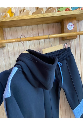 Kot Garnili Çımalı Tarz Kapüşonlu Kız Çocuk Eşofman Takım Siyah