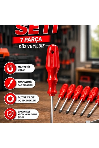 7 Parça Düz Ve Yıldız Tornavida Seti Ergonomik Saplı El Aleti