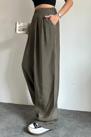 Feela Moda 2009 Beli Lastikli Paraşüt Kumaş Yüksek Bel Palazzo Kadın Pantolon Haki