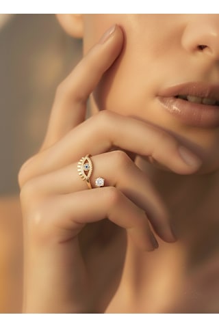 Ayarlanabilir Nazar Model Zirkon Taşlı Gold Renk Çelik Yüzük Altın