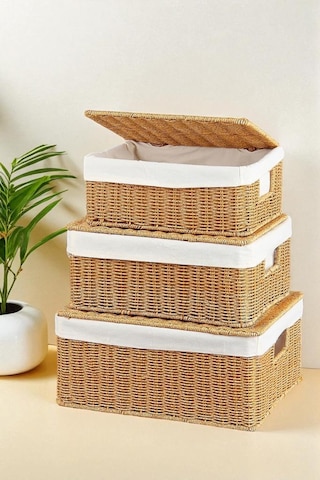 Digithome 3 Lü Kapaklı Hasır Organizer Sepet- 1376 Kahverengi