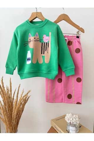 Magu Çocuk Pamuklu Kedi Baskılı Yeşil Sweatshirt Ve Puantiyeli Pembe Eşofman Takımı Çok Renkli