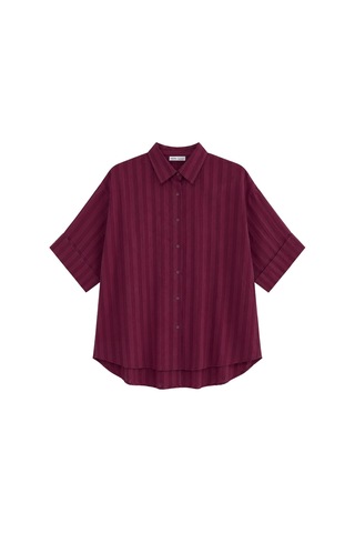 Vadon 1030 Kadın Pamuklu Çizgili Hafif Transparan Kısa Kollu Oversize Gömlek Bordo