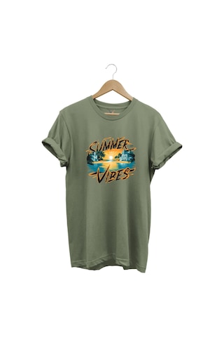 Summer Vibes Baskılı Yazlık Tatil Deniz %100 Pamuk Regular Fit Bisiklet Yaka Haki T-shirt Haki