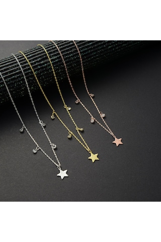 Queen Silver Jewelry 925 Ayar Gümüş Yıldız Objeli Sirkon Taş Sallantılı Kolye Altın