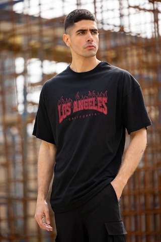 Freedom Storee Erkek Kısa Kol Tişört Bisiklet Yaka Los Angeles Baskılı T-shirt - Siyah Çok Renkli