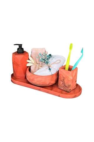4'lü Terracotta Serisi Mermer Desenli Beton Banyo Seti Tuvalet Wc Sıvı Sabunluk Diş Fırçalığı Takım Kahverengi