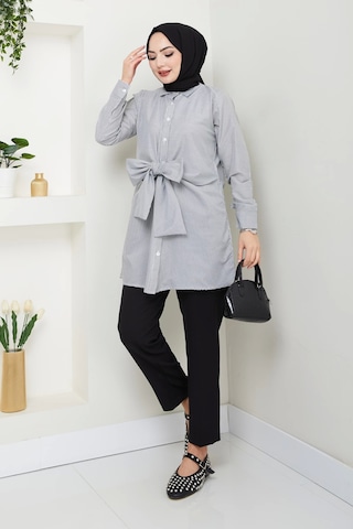 Çizgili Poplin Bağlamalı Gömlek - Siyah / Ü103 Siyah