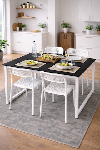 5'li Mutfak Masa Takımı, 4 Sandalye Ve 1 Masa, Yemek Odası, Bahçe Takımı, 4 Kişilik, Metal Ayaklı Masa: Siyah/beyaz - Sandalye: Beyaz