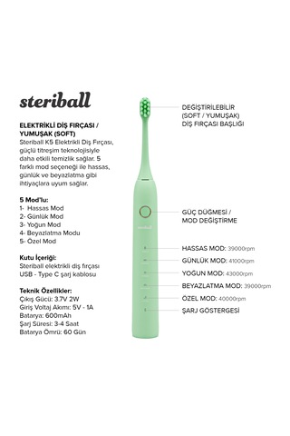 Steriball Elektrikli Diş Fırçası Yeşil - 5 Farklı Mod Değiştirilebilir Fırça Başlığı Type-c Şarj Şarjlı