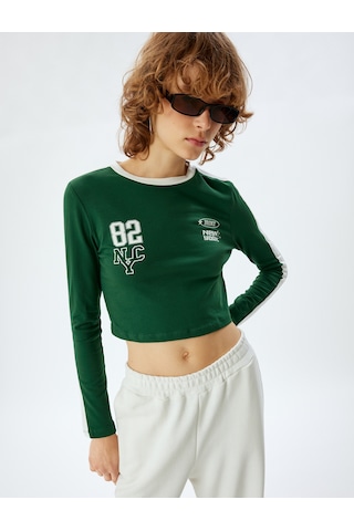 Koton Crop Tişört Arkası Kolej Baskılı Bisiklet Yaka Biyeli Slim Fit Yeşil 5wal10615ık Yeşil