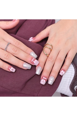 Renkli Nail Art Kısa Balerin 10'lu Tekrar Kullanılabilir El Yapımı Protez Takma Tırnak Ekbl3023 M