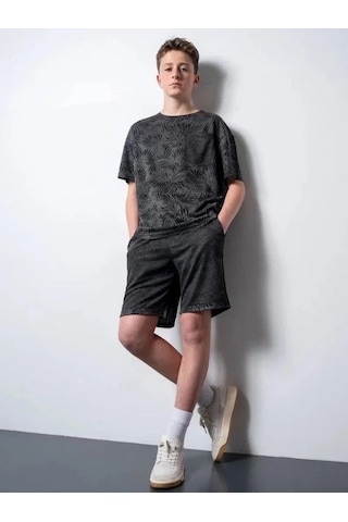 Erkek Çocuk Palmiye Desenli T-shirt Şortlu Takım-15796 Siyah