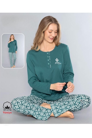 Melodi Kadın Standart Kalıp %100 Pamuk Düğmeli Yaka Uzun Kol Baharlık Pijama Takımı 16167- 1 Adet Yeşil