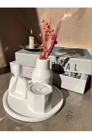 Dekoratif İnsan Figürlü Vazo Ve Mum Set 17-17 Cm