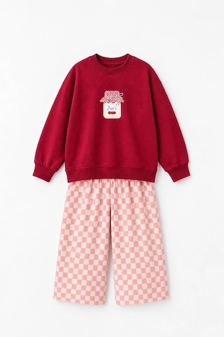 Magu Kız Çocuk Pamuklu Baskılı Bordo Sweatshirt Ve Eşofman Takımı Çok Renkli