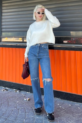 Madmext Krem Bisiklet Yaka Crop Kadın Kazak Mg2166 Krem