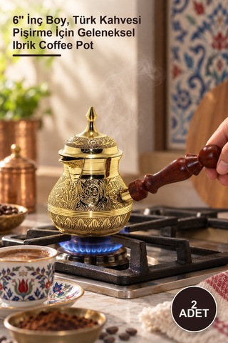 2 Adet Pirinç Cezve 6'' İnç Boy, Türk Kahvesi Pişirme İçin Geleneksel Ibrik Coffee Pot