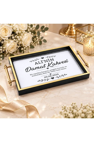 Bk Gift Kişiye Özel Siyah&gold Söz Nişan Tepsisi-1 - 39x23 Cm Çok Renkli