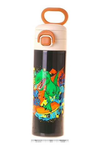 Kaukko Kids 520 Ml Street Dinazor Baskılı Siyah - Yeşil Erkek Çocuk Çelik Termos Matara Çift İçim Kilitli Kapak - L5417