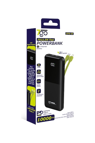 7go Gpw-06 10000mah Pd22.5w Hızlı Şarj Powerbank Siyah Dahili Type-c & Lightning Kablo Dijital E Siyah