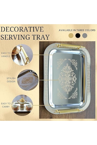 Paslanmaz Çelik Lüks Model Gold Desen Çay Kahve Tepsisi 34,5 X 24,5 Cm Altın - Gold