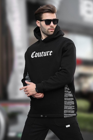 Madmext Siyah Kapüşonlu Baskılı Erkek Sweatshirt 7090 Siyah