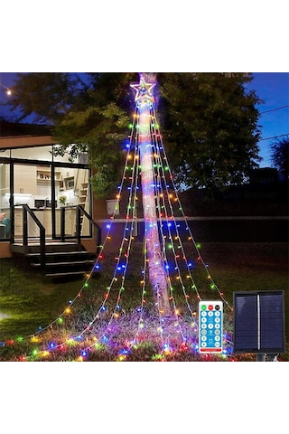 Rgb Tepe Yıldızlı Güneş Enerjili Yılbaşı Led Işığı, Kumanda Ve Animasyonlu Noel Ağaç Duvar Işığı Renkli