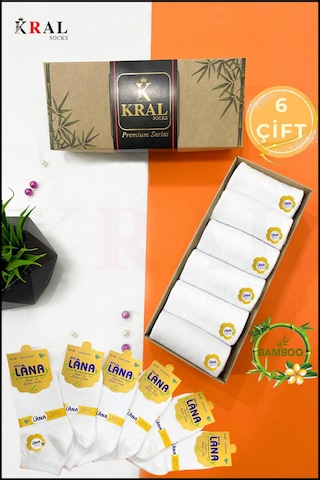 Kral Socks Kadın Bambu Çorap 6 Çift Renkli Hediye Kutulu Patik Kadın Çorap Beyaz