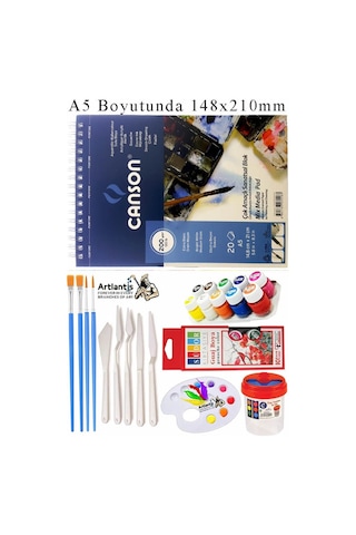 Canson Çok Amaçlı Sanatsal Blok A5 200 Gr 20 Yaprak 1 Adet 10 Renk Guaj Boya Fırça Palet Spatula Fırça Temizleme Kabı