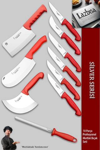 Lazbisa MFP-001 Silver Pro Serisi Mutfak Bıçak Seti 10 Parça Et Ekmek Sebze Soğan Börek Bıçağı Satırı Kırmızı
