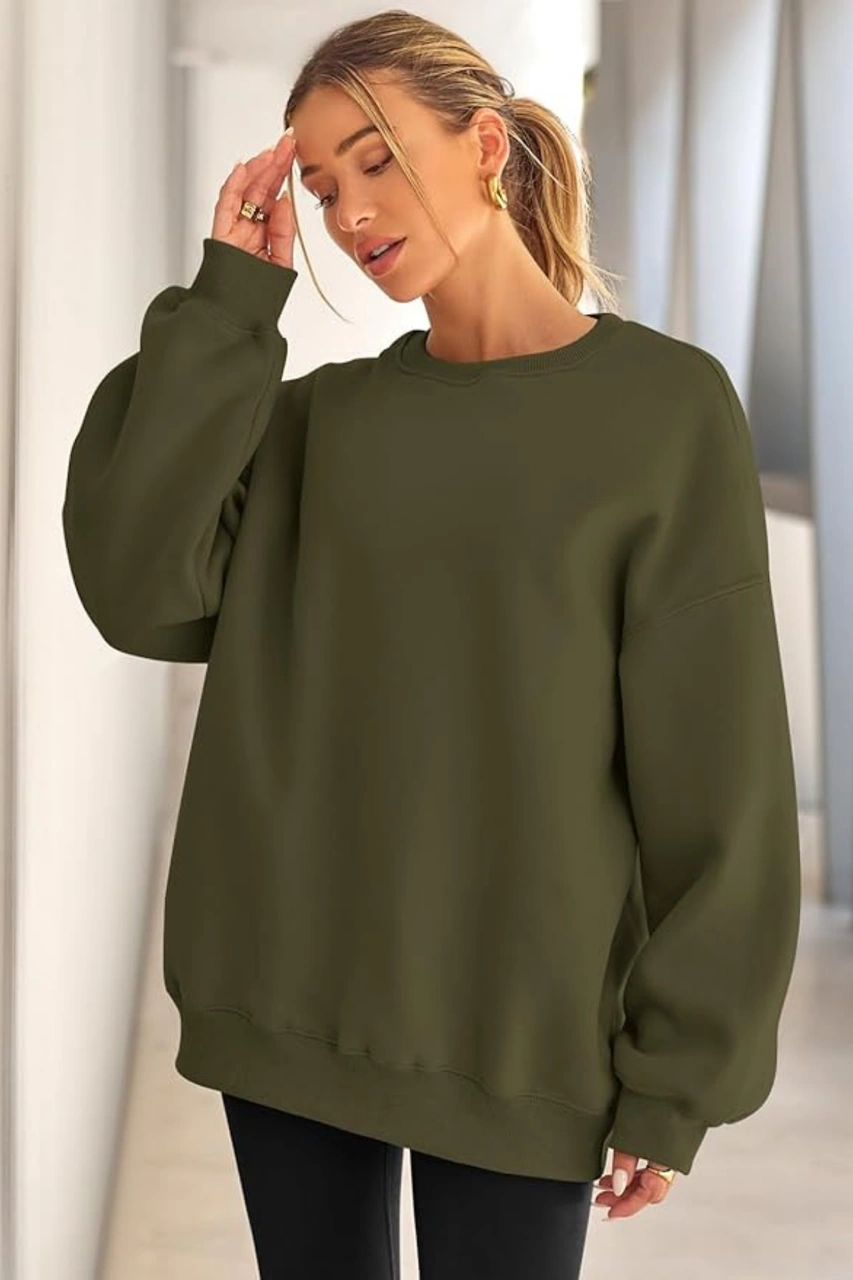 Genıus Store Kadın Sweatshirt Oversize Geniş Kalıp İçi Şardonlu Bisiklet Yaka Oversize Sweatshirt Kadın-sweatshırt Haki