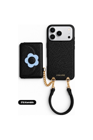 Hera Apple Uyumlu iPhone 18 Pro / 17 Pro Uyumlu Çiçekli Magsafe Cüzdan, Bileklik, Kılıf 3'lü Siyah Set