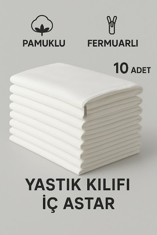 Suvay 10'lu Paket Pamuklu Fermuarlı İç Astar Yastık Kılıfı Beyaz 50 x 70