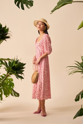 Düğme Detaylı Midi Elbise Beyaz