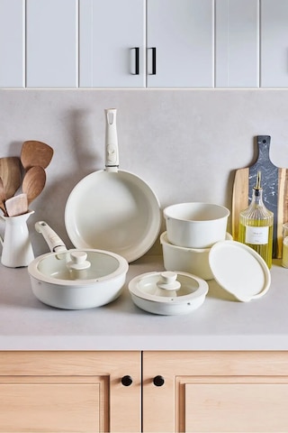 Beta 15 Parça Seramik Döküm Tencere Tava Seti Beige 17649 Bej