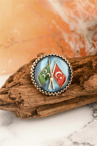 Mavi Mineli Osmanlı Ve Türk Bayraklı Gümüş Rozet