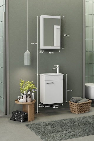 Biani Fix Loft Mini 42 Cm Banyo Dolabı,Seramik Lavabolu, Aynalı,Lavabo Dahil,Mdf,Mat Beyaz