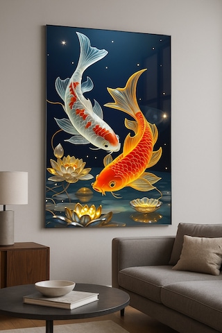 Altın Ve Gümüş Koi Balıkları Feng Shui Bereket Ve Huzur Temalı Cam Tablo Lotus Işıltısı