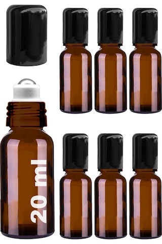 Çelik Roll On Şişesi 20 ML Sızdırmaz Siyah Kapaklı Amber Cam Şişe 6 Adet